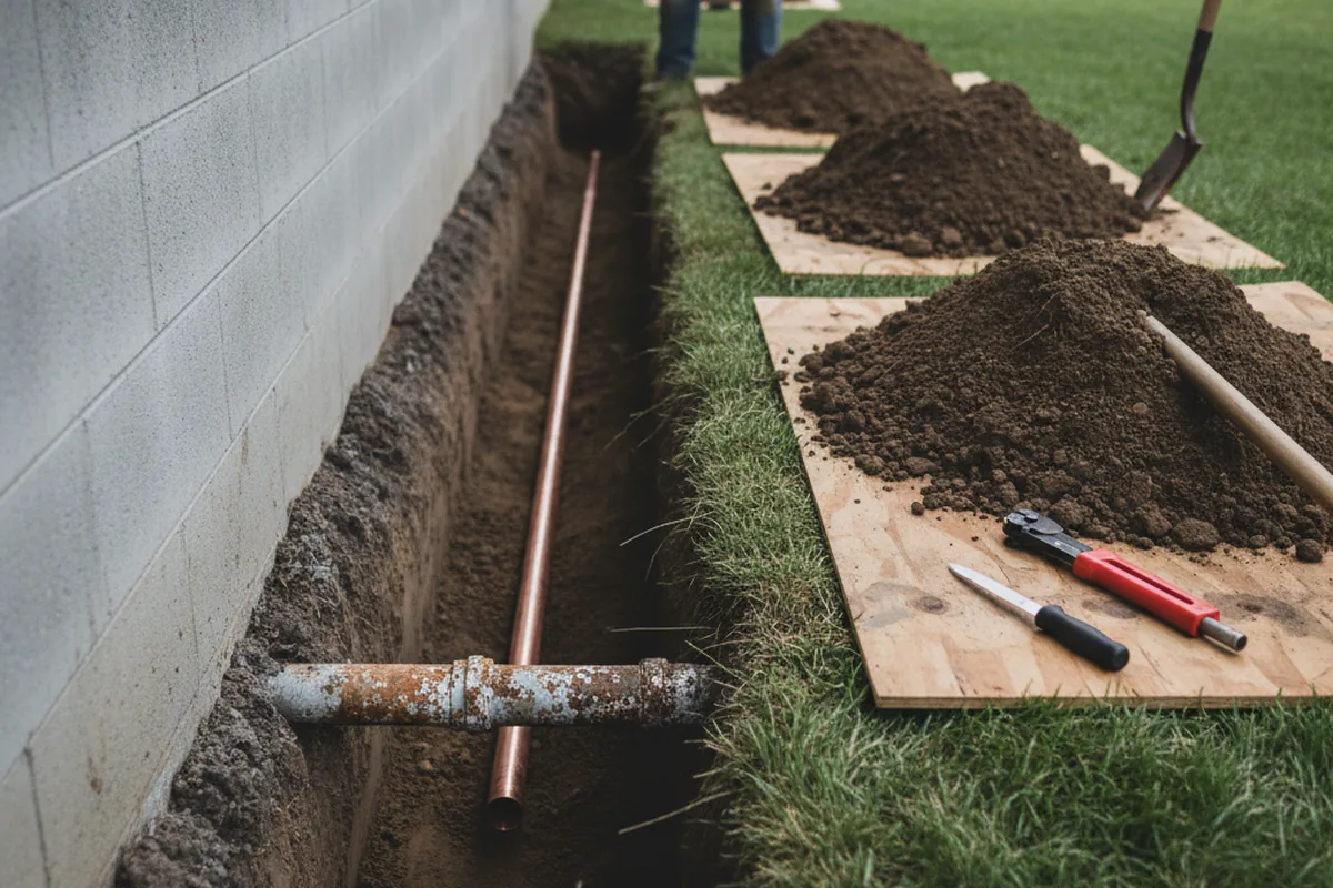 Excavated water line trench during Water Softener Installation in Windham